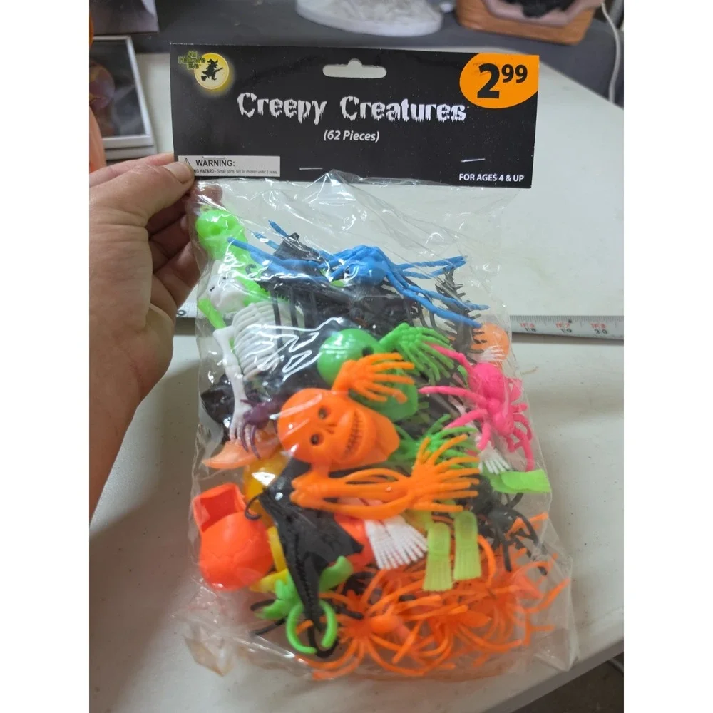 62 Pieces Halloween Creepy Creatures VTG East West Dist. NIP Plastic Decorations